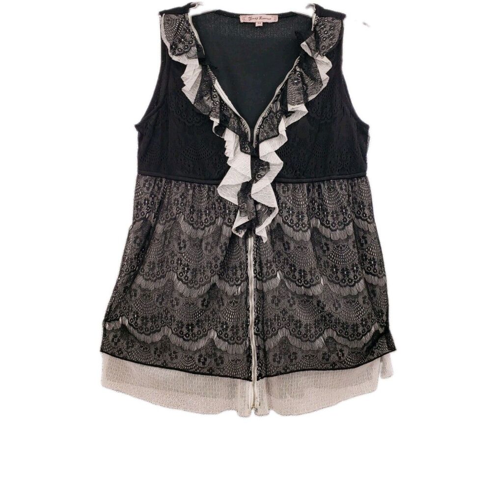 Vtg Y2K Sleeveless Ruffle Top Sz M Black Lace Mesh Zip Up Empire Line Whimsygoth